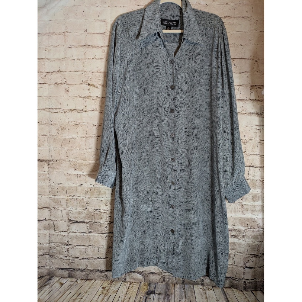Linda Allard Ellen Tracy Silk Shirt Dress 16 Gray Snakeskin Print Button Front